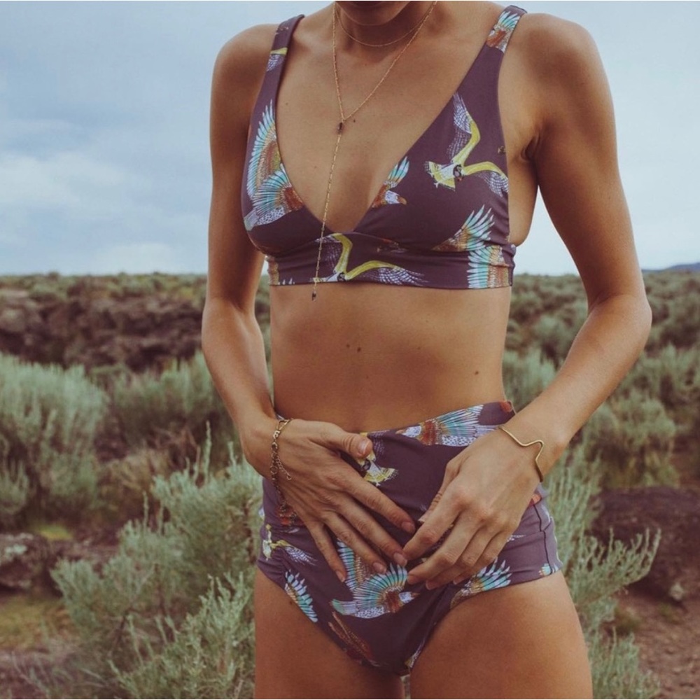 Boys + Arrows Purple Tropical Crane Print High-Waist Bikini